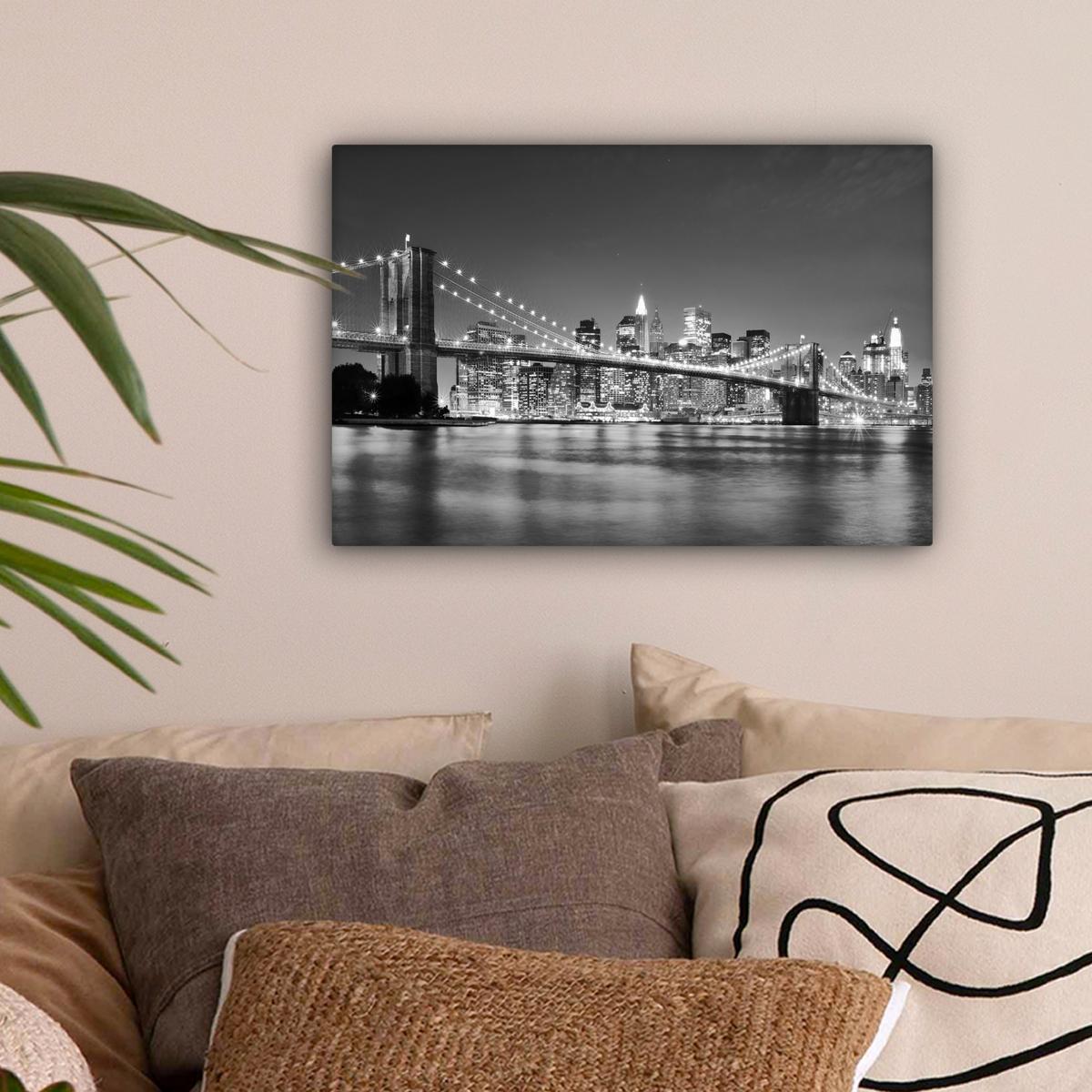 LEINWANDBILD New York - Brücke - Brooklyn - Schwarz und weiß - Architektur Deko Schlafzimmer 30x20 cm - Schwarz, Textil (30/20cm) - MuchoWow