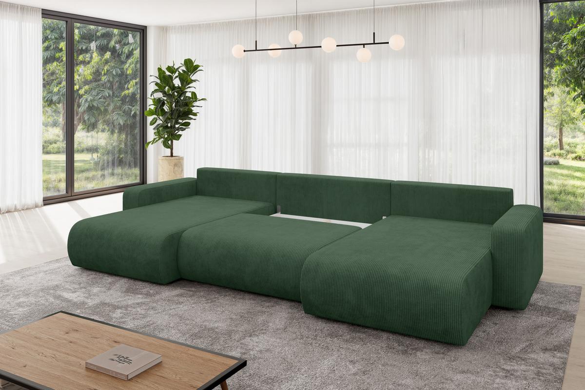 WOHNLANDSCHAFT mit Schlaffunktion und Bettkasten BERY-U 377x193x88 Grün Cord - Dunkelgrün/Schwarz, Holzwerkstoff/Kunststoff (377/88/193cm) - ALTDECOR