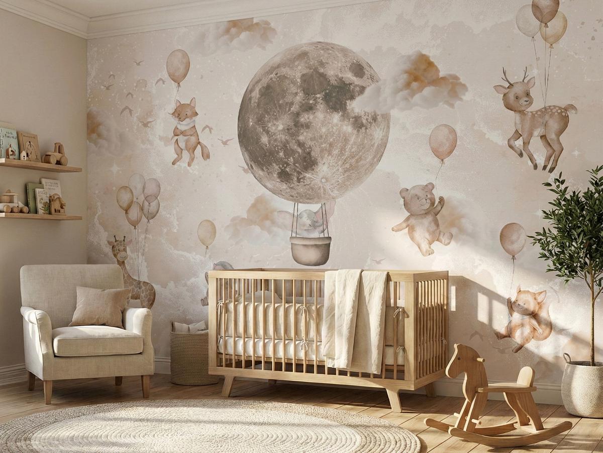 FOTOTAPETE für Kinderzimmer Mond Ballons Bär Rehkitz Giraffe Wolken 500x350 - Beige/Rosa, Papier (500/350cm) - Muralo