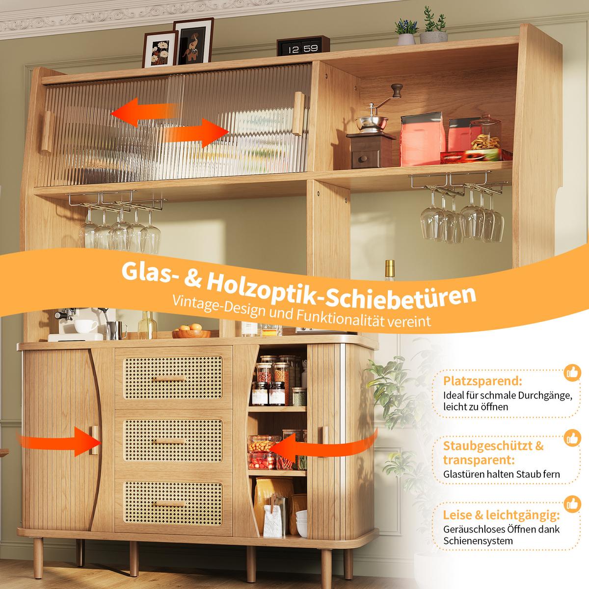 BUFFETSCHRANK Holzoptik mit Rattan & Glasschiebetüren, 140x174,5cm, Küchenschrank - Naturfarben, Holzwerkstoff (140/174.5/40.5cm) - Urban Meuble