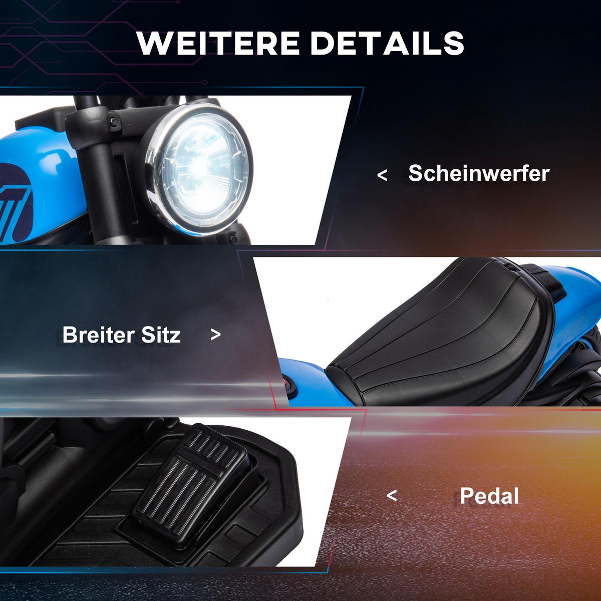 KINDERMOTORRAD Kinder Elektro-Motorrad Elektrofahrzeug für 1,5-3 Jahre Kinder - Blau, Metall (76/42/57cm) - HOMCOM