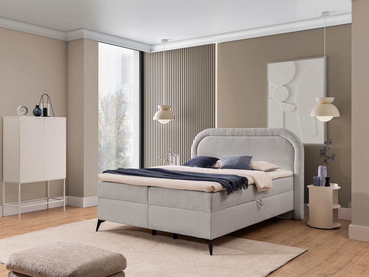 BOXBETT Sonna 140/200 cm Hellgrau Bouclé-Stoff mit abgerundetem Kopfteil und mit schwarzen Metallfüße - Hellgrau/Schwarz, Holz/Textil (140/200cm) - S-Style Möbel