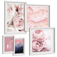 BILDER SET 5er Set - 50x50 cm & 20x30 cm & 40x60 cm Weißer Rahmen - Eiffels Porträt einer Frau mit Rosen - Weiß, Kunststoff (40/60cm) - TULUP