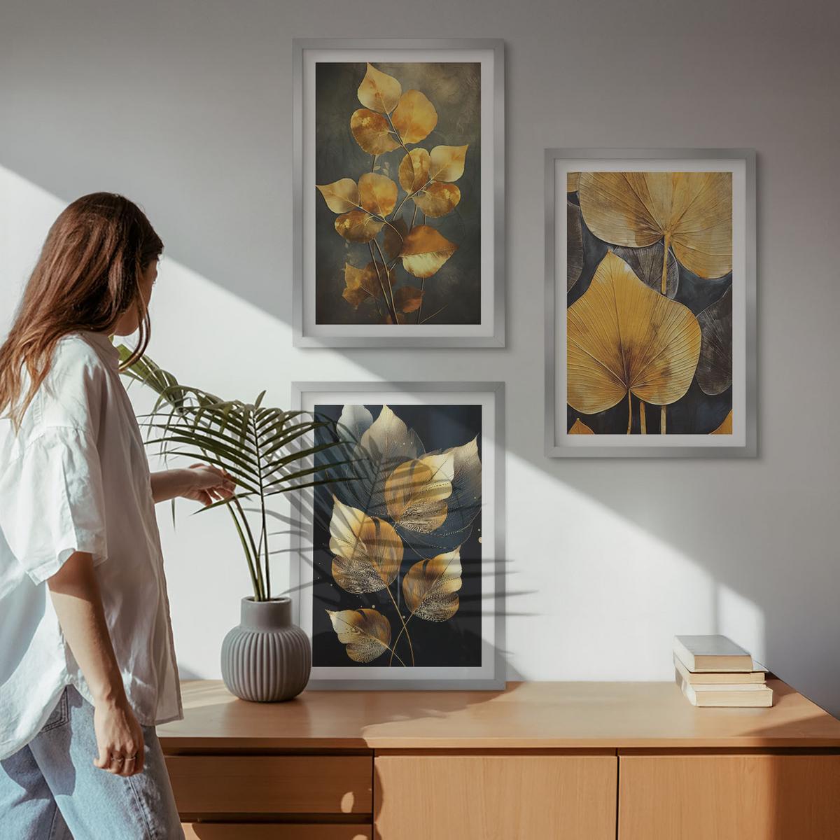 BILDER SET 3er Set - 40x60 cm Silberner Rahmen - Gelbe Blätter auf dunklem Hintergrund - Silberfarben, Kunststoff (40/60cm) - TULUP
