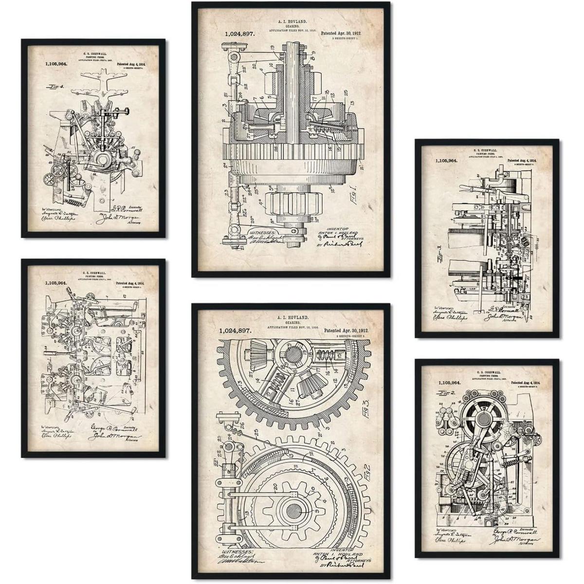 POSTER Set Mit 6 Plakaten Mit Maschinen Patenten Plakate Mit Retro Patentabbildungen Inneneinrichtung Im Vintage Stil A3 & A4 Rahmenlos - Klar, Papier (29/3cm) - Nacnic