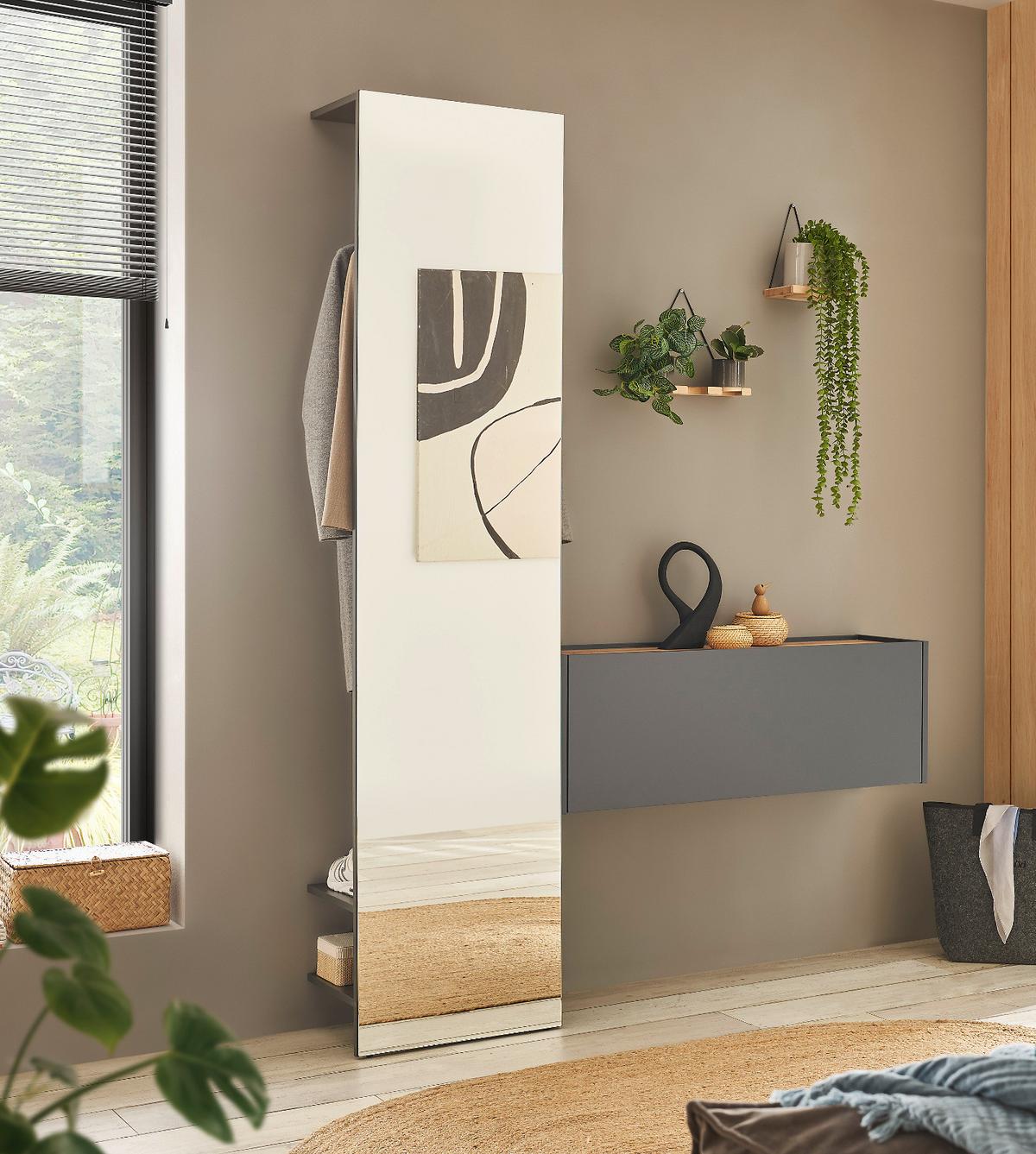 KOMPAKTGARDEROBE grau matt 50 cm, Garderobe mit Spiegel - Silberfarben/Grau, Glas/Holzwerkstoff (50/200/30cm) - Furn.Design