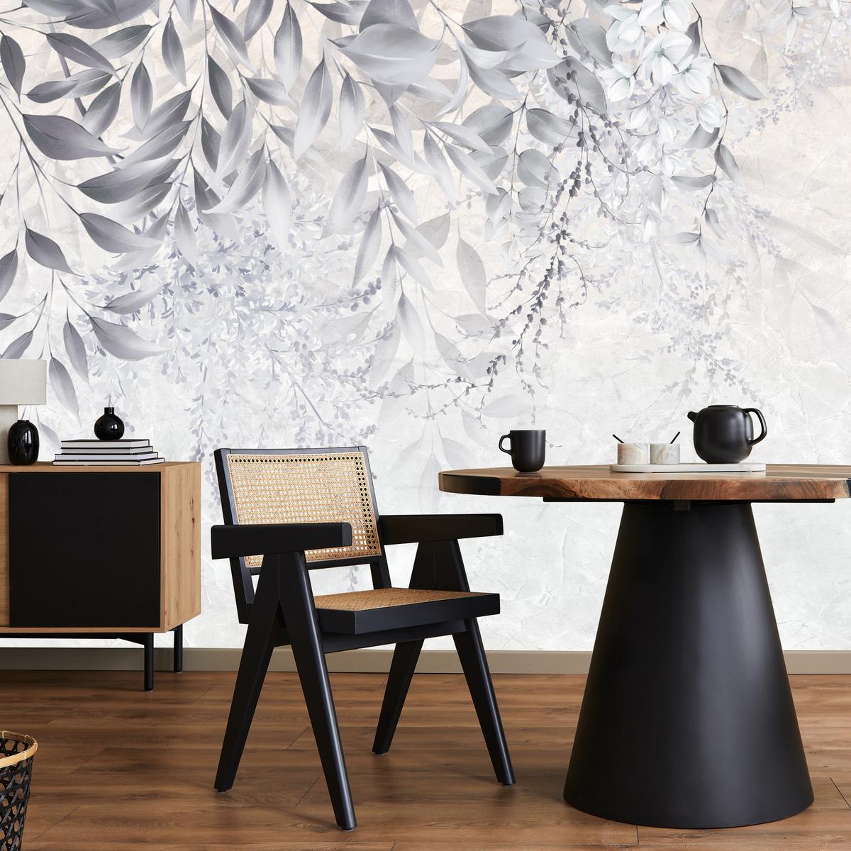 FOTOTAPETE für Schlafzimmer Subtile Rankenblätter Grau 400x280 - Weiß/Grau, Papier (400/280cm) - Muralo
