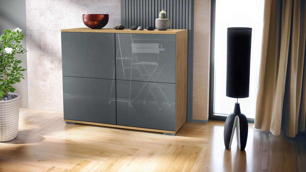 KOMMODE Rova Grau Hochglanz - Grau, Holzwerkstoff (92.5/75.5/35cm) - Vladon