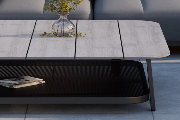 Tisch zu Loungegarnitur Gestell schwarz Aluminium pulverbeschichtet Tischplatte Holzoptik Kunststoff matt Ablagefach