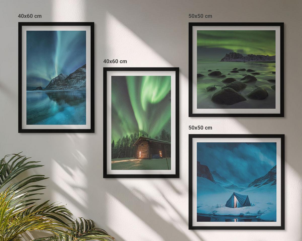 BILDER SET 4er Set - 50x50 cm & 40x60 cm Schwarzer Rahmen - Winterlandschaften, Nordlichter, Berge - Schwarz, Kunststoff (50/50cm) - TULUP