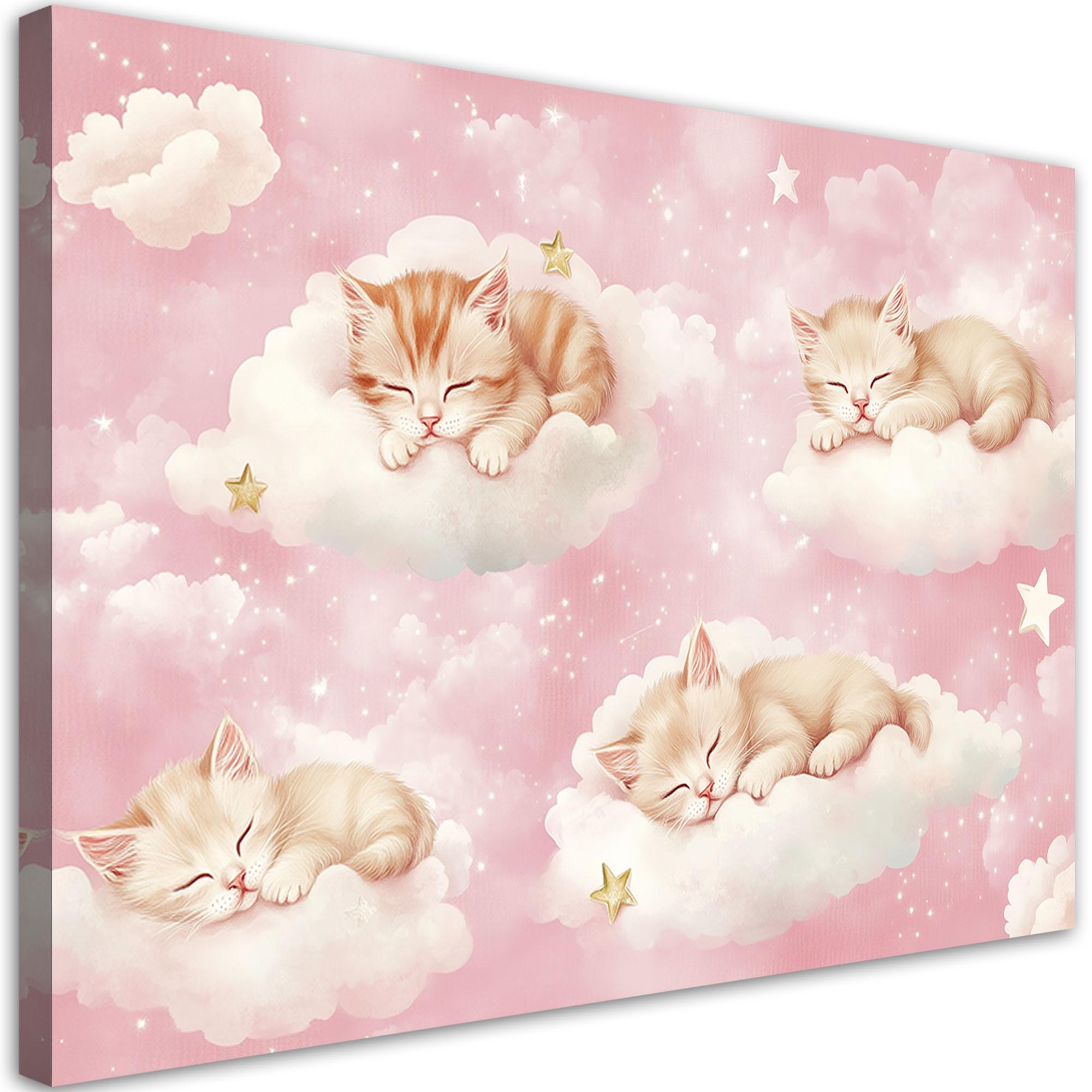 WANDBILD für kinderzimmer kätzchen in den wolken rosa - Pink, Textil (60/40cm) - Feeby