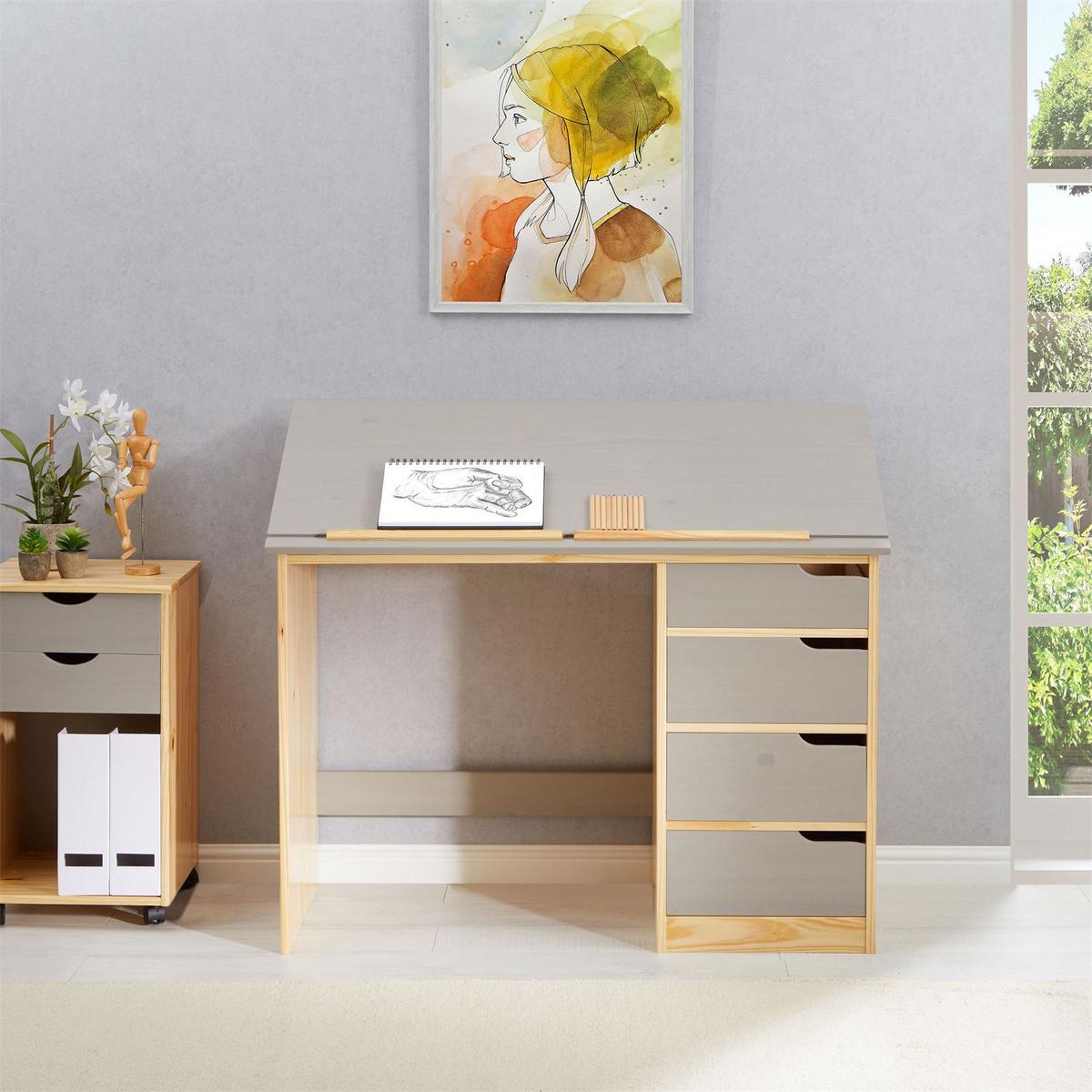 KINDERSCHREIBTISCH EMMA natur/grau - Naturfarben/Grau, Holz (114/76/55cm) - IDIMEX