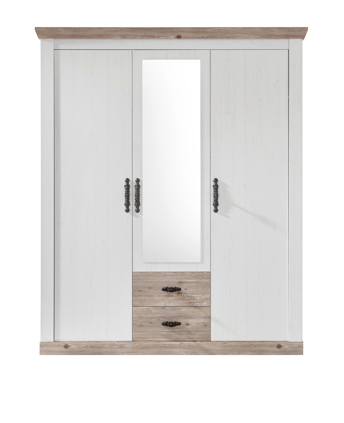 KLEIDERSCHRANK Pinie weiß, Oslo Pinie Landhaus, Drehtürenschrank 3-türig mit Spiegel, 169 x 201 cm - Anthrazit/Weiß, Holzwerkstoff/Metall (169/201/60cm) - Furn.Design