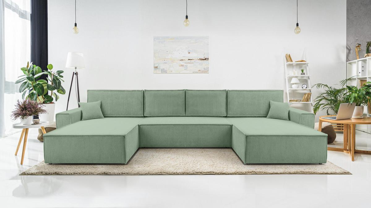 WOHNLANDSCHAFT Cedria Salbeigrün 389/145/85 cm mit Schlaffunktion - Schwarz/Grün, Kunststoff/Textil (389/85/145cm) - AX Living