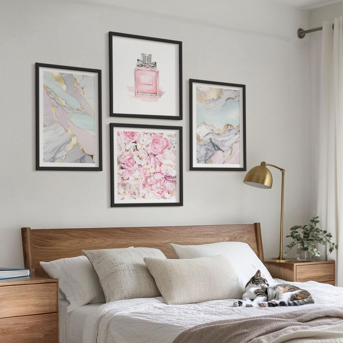 BILDER SET 4er Set - 50x50 cm & 40x60 cm Schwarzer Rahmen - Rosa Blumen Marmor Pastell - Schwarz, Kunststoff (50/50cm) - TULUP