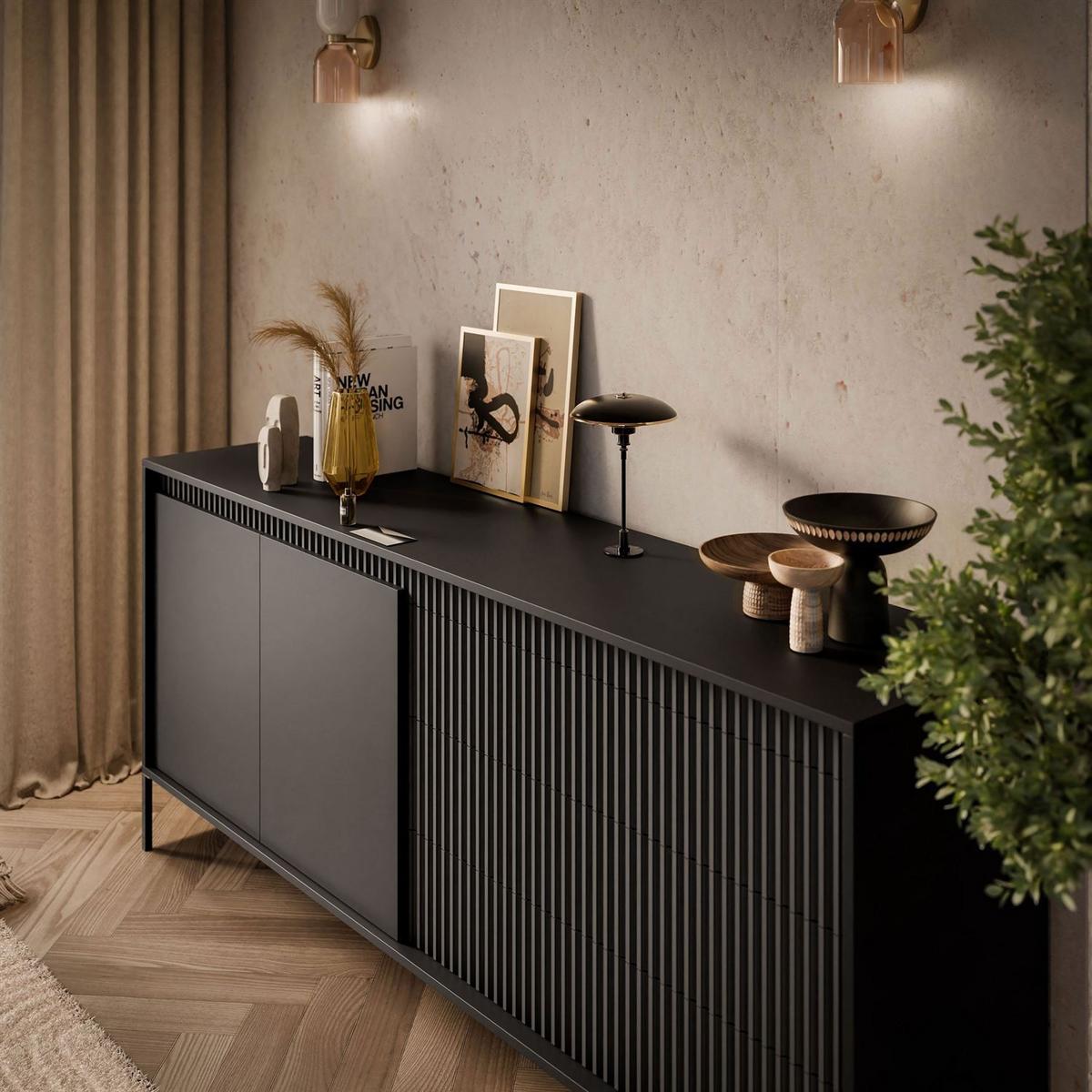 SIDEBOARD YASUMI 187 2D3S mit Schubladen schwarz matt - Schwarz, Holzwerkstoff (187.1/81.4/39.5cm) - Lookway