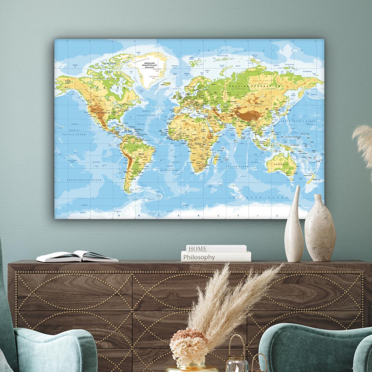 LEINWANDBILD Weltkarte - Statistisch - Blau - Erde - Bildung Groß 140x90 cm - Blau, Textil (140/90cm) - MuchoWow