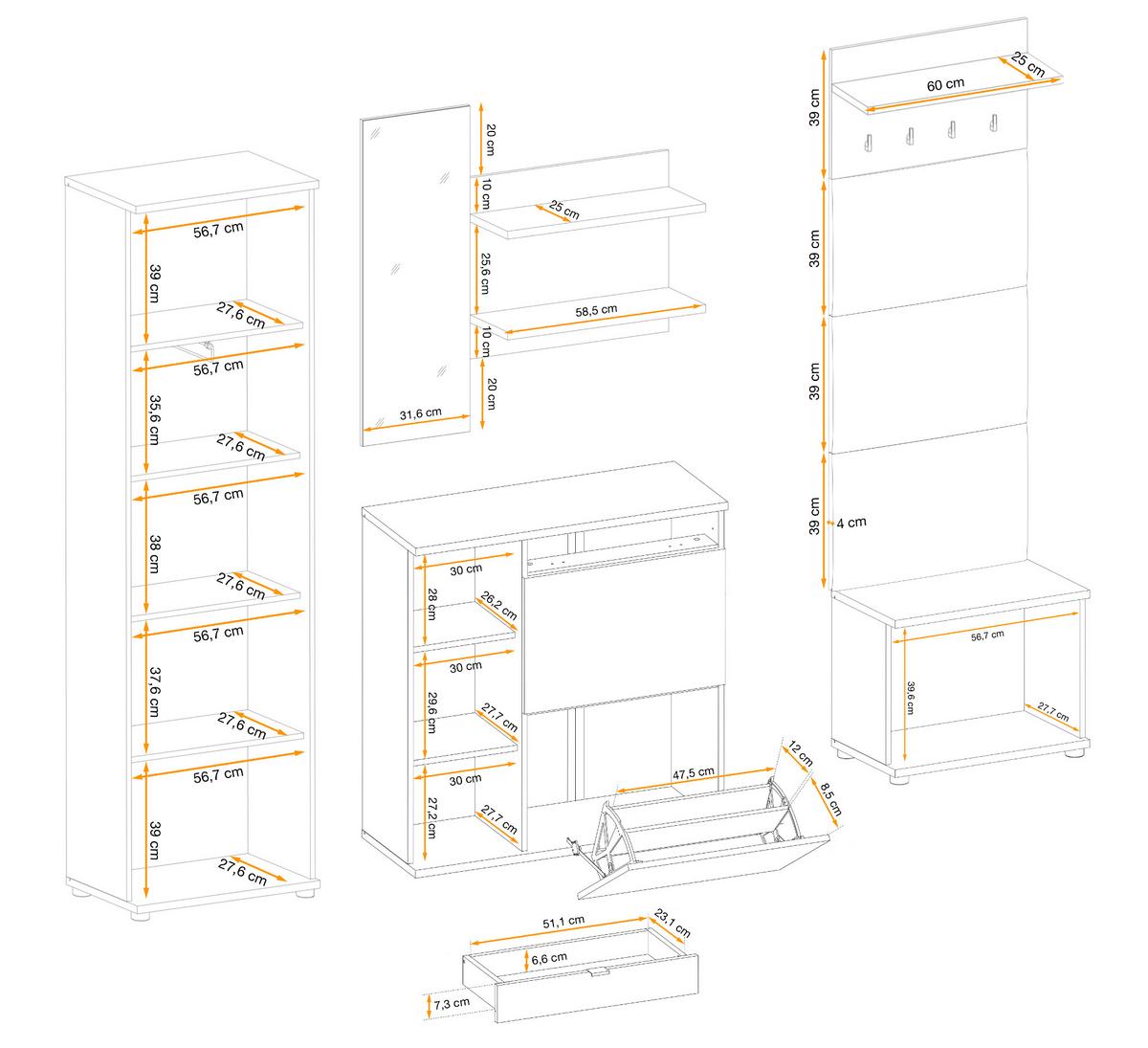 GARDEROBE Set 5-teilig Eiche Jackson, schwarz 250 cm, Garderobenkombination mit 3D-Lamellen - Eichefarben/Schwarz, Holzwerkstoff/Kunststoff (230/202/35cm) - Furn.Design