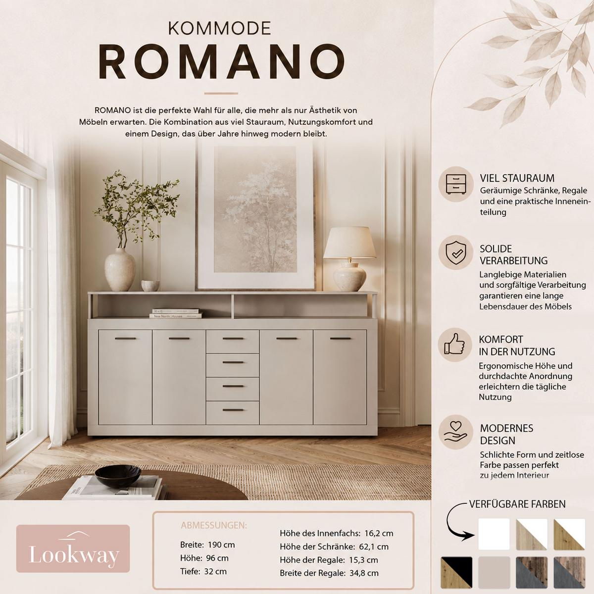 KOMMODE ROMANO mit Schubladen - Weiß, Holzwerkstoff (190/96/32cm) - Lookway