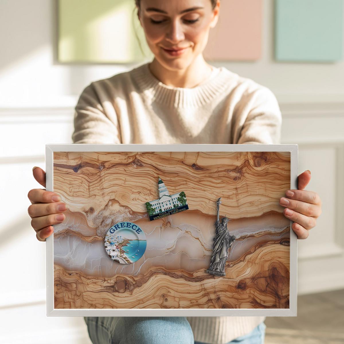 MAGNETTAFEL 100x70 cm Weißer Rahmen Holzstruktur Mit Harz - Teakfarben, Metall (100/70/0.4cm) - TULUP