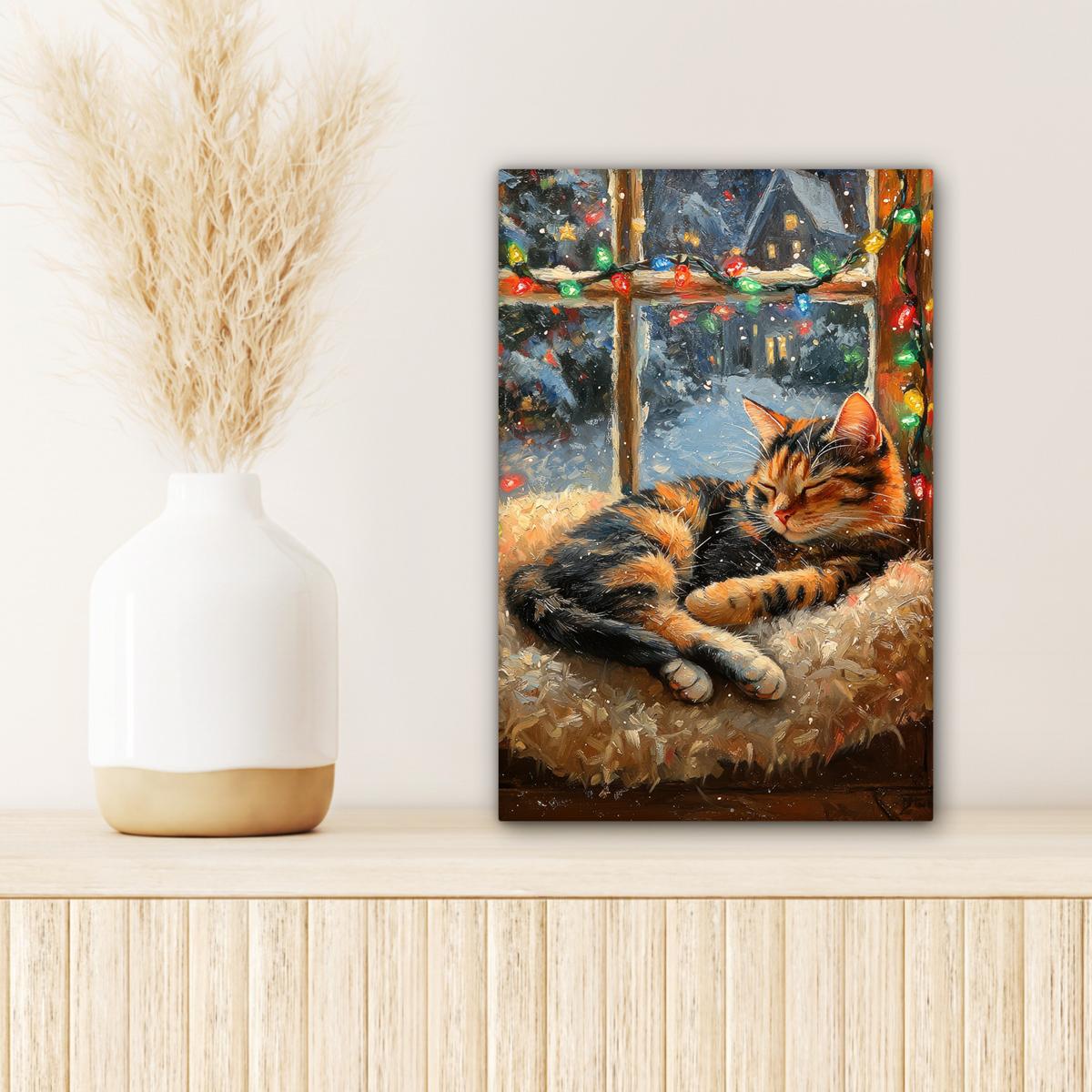 LEINWANDBILD Katze - Weihnachten - Winter - Tier Deko Wohnzimmer 20x30 cm - Bernsteinfarben, Textil (20/30cm) - MuchoWow