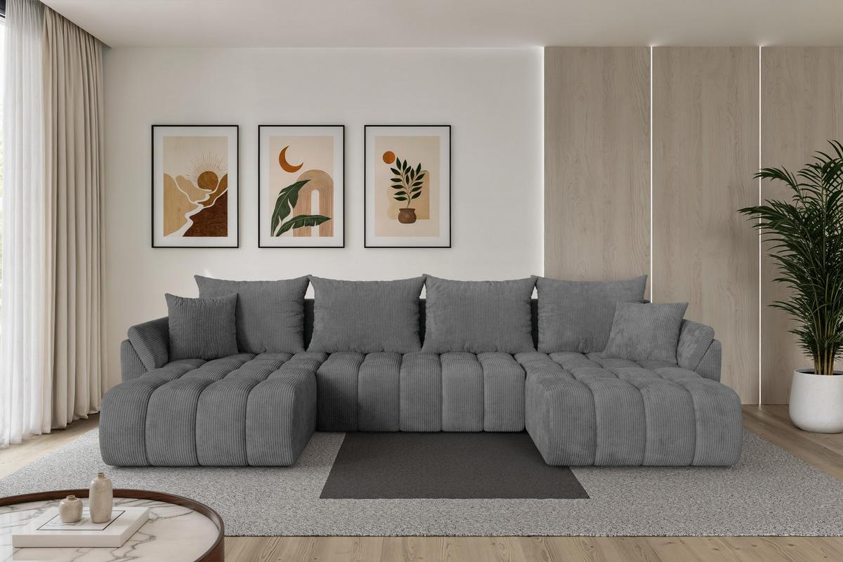 WOHNLANDSCHAFT mit Schlaffunktion und Bettkasten TOKO-U-v1 378x194x86 Dunkelgrau Cord - Dunkelgrau/Schwarz, Holzwerkstoff/Kunststoff (378/86/194cm) - ALTDECOR