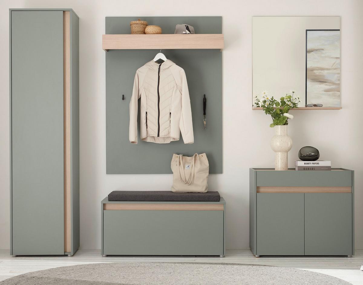 GARDEROBE Komplett-Set 6-teilig in Salbei und Eiche, Flurgarderobe mit viel Stauraum, inkl. Sitzkissen - Salbeigrün/Eichefarben, Glas/Holz (260/200/40cm) - Furn.Design