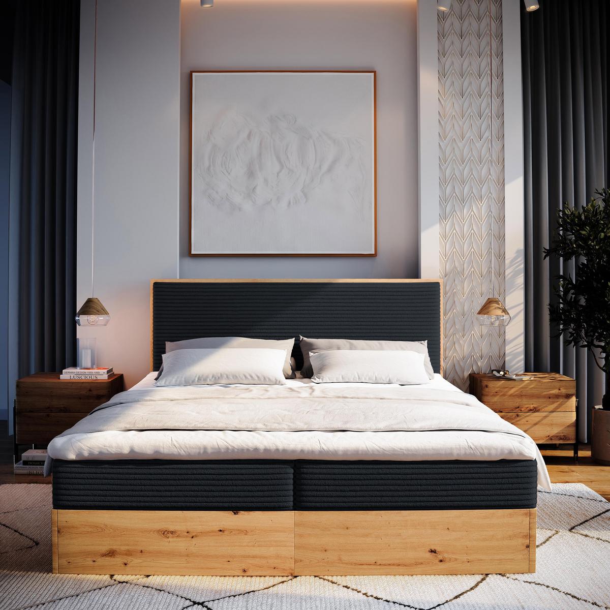 BOXBETT VERDON 160x200 cm mit Matratze und Topper - Schwarz - Schwarz, Holz (160/200cm) - MASSENO