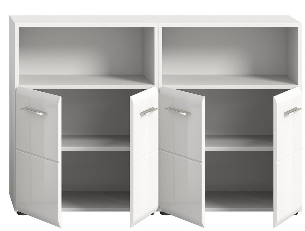 BADKOMMODE weiß Hochglanz 4-türig 120 x 106 cm, Set 2x Badezimmer Kommode - Weiß Hochglanz/Silberfarben, Holzwerkstoff/Kunststoff (120/80/30cm) - Inn.Furn