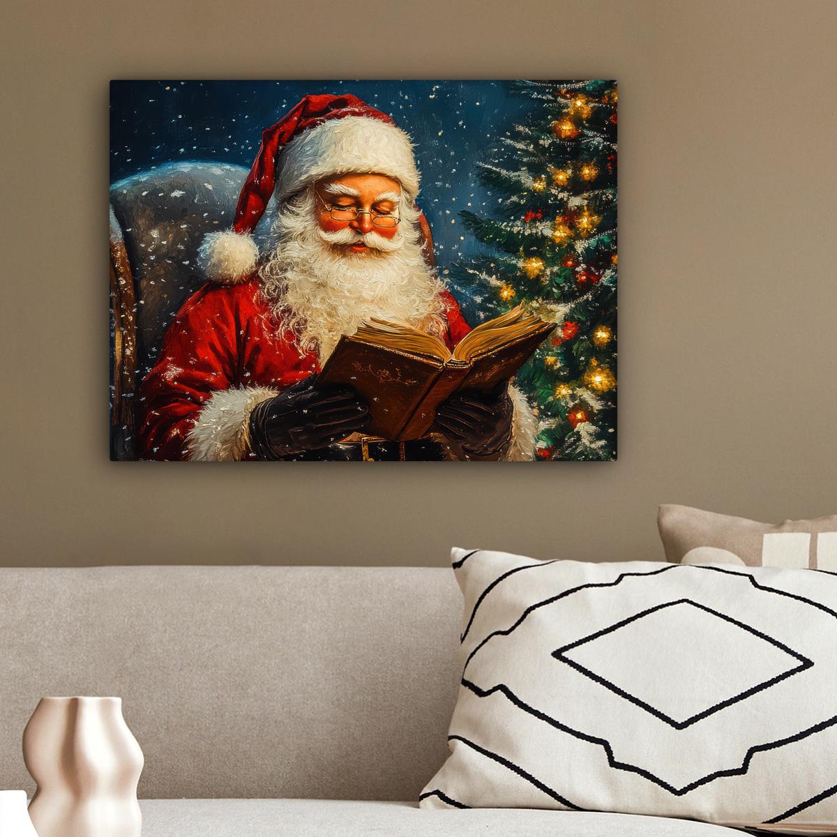 LEINWANDBILD Weihnachtsmann - Weihnachten - Winter - Weihnachtsbaum Wandbild 40x30 cm - Bordeaux, Textil (40/30cm) - MuchoWow