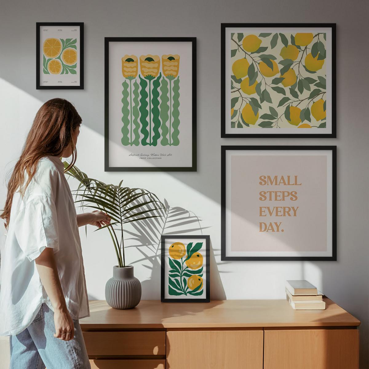 BILDER SET 5er Set - 50x50 cm & 20x30 cm & 40x60 cm Schwarzer Rahmen - Pflanzenmuster mit Blumen - Schwarz, Kunststoff (40/60cm) - TULUP