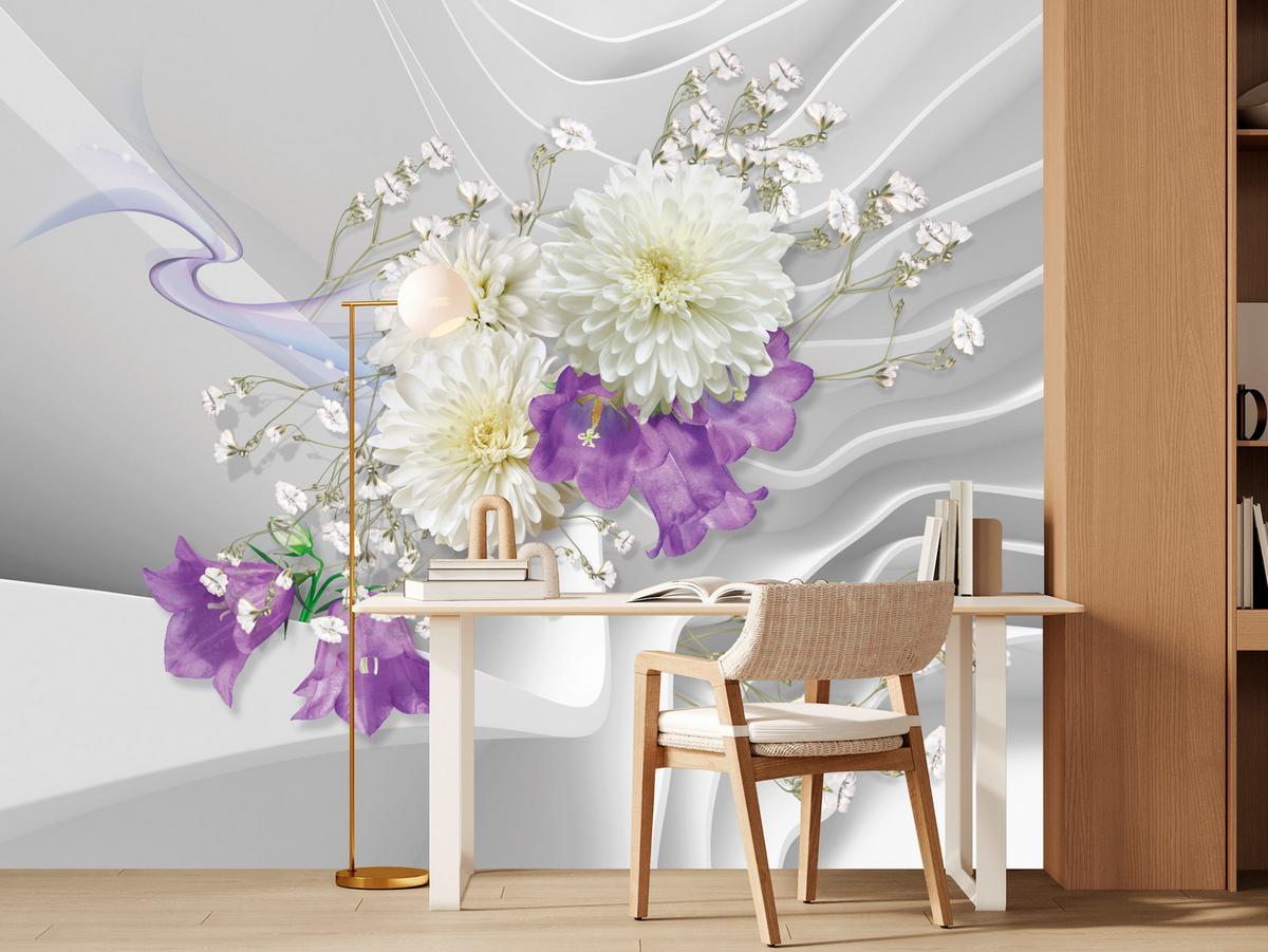 FOTOTAPETE für Wohnzimmer BLUMEN Abstraktes Welliges Raumhintergrund 350x256 - Violett/Weiß, Papier (350/256cm) - Muralo
