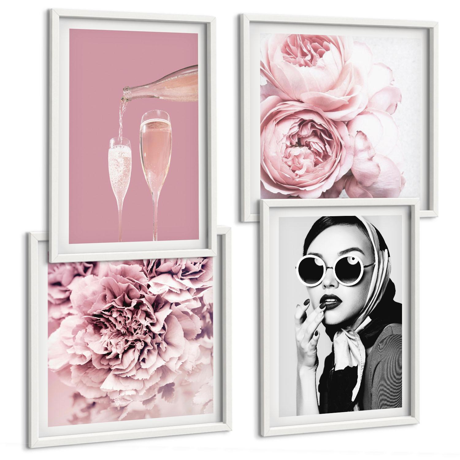 BILDER SET 4er Set - 50x50 cm & 40x60 cm Weißer Rahmen - Blumen, Pfingstrosen, Rosen, Eleganz - Weiß, Kunststoff (50/50cm) - TULUP