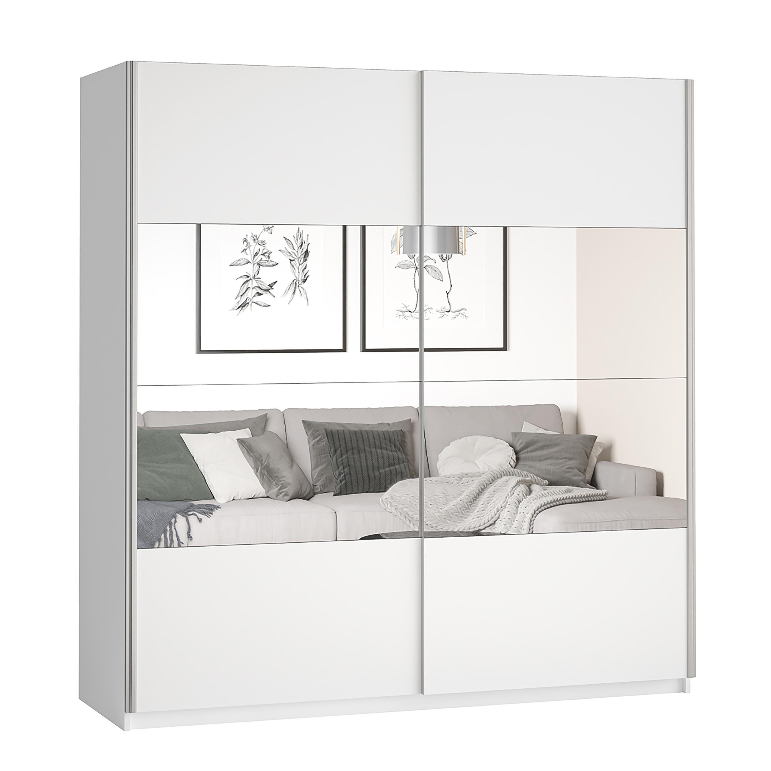 SCHWEBETÜRENSCHRANK BETTINA 180/210/61 cm 2-türig mit Spiegel Weiß - Weiß, Holzwerkstoff (180/210/61cm) - MASSENO
