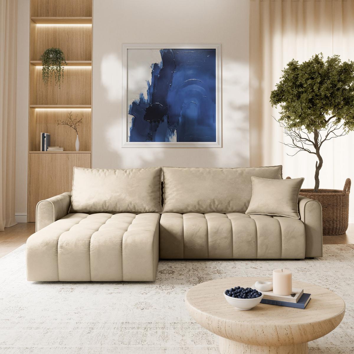 ECKSOFA FRIGA Creme Velours-Stoff mit Schlaffunktion - Creme, Holz (283/185cm) - MASSENO