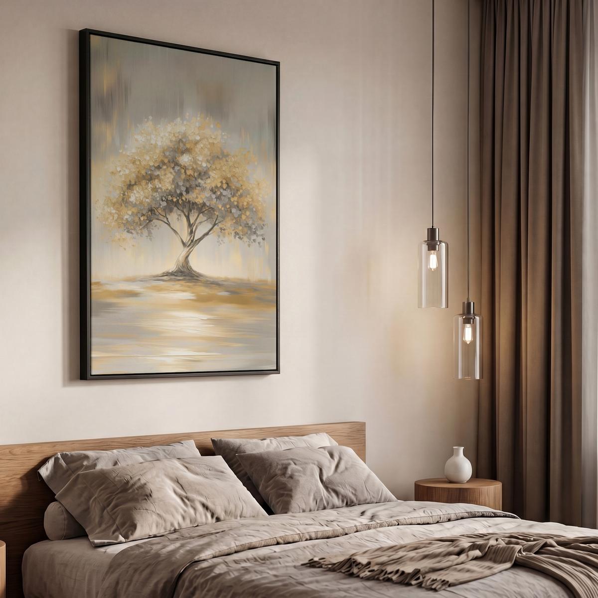 LEINWAND Bilder mit Rahmen - Gemälde - Baum - Abstrakt - Blätter - 60x90 - Beige, Textil (60/90cm) - MuchoWow