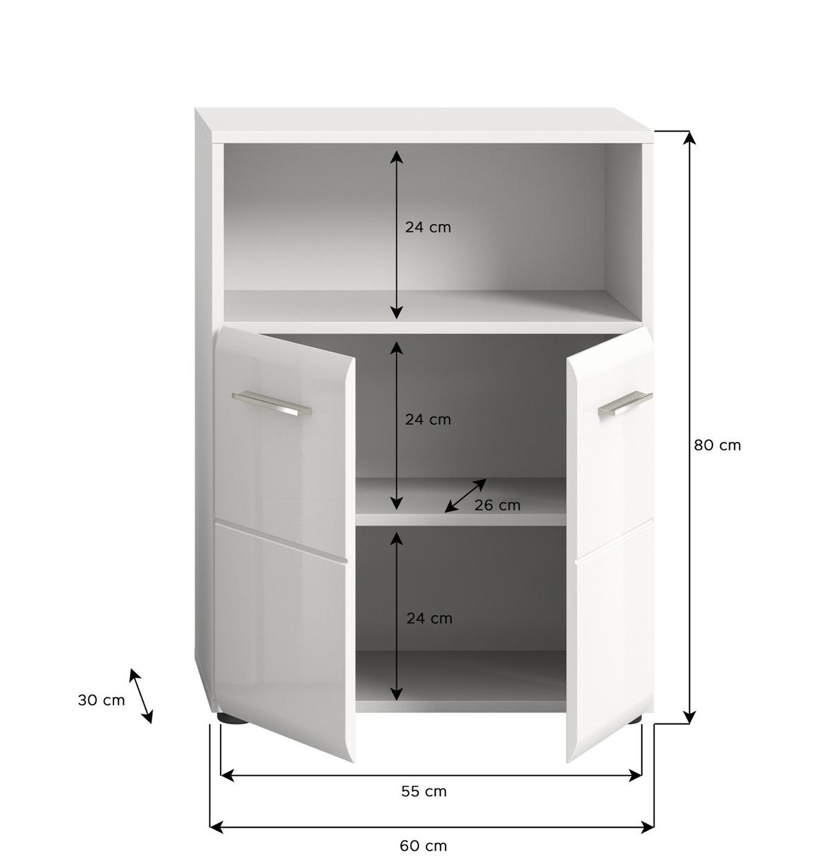 BADKOMMODE weiß Hochglanz, Badschrank 2-türig 60 x 80 cm - Weiß Hochglanz/Silberfarben, Holzwerkstoff/Kunststoff (60/80/30cm) - Inn.Furn