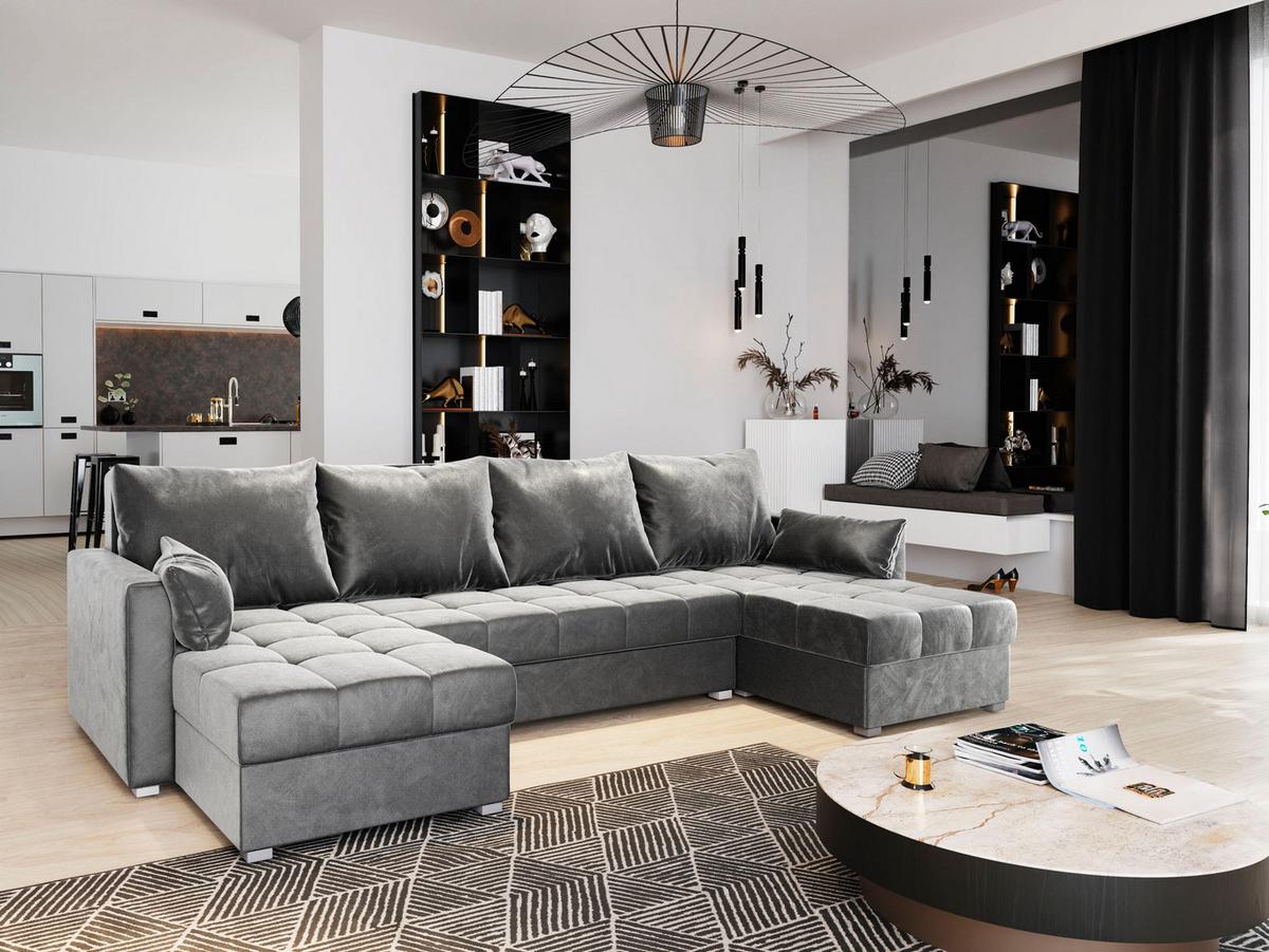WOHNLANDSCHAFT NAKO Hellgrau Plüsch-Stoff mit Schlaffunktion - Hellgrau/Grau, Holz/Kunststoff (285/85/140cm) - MASSENO