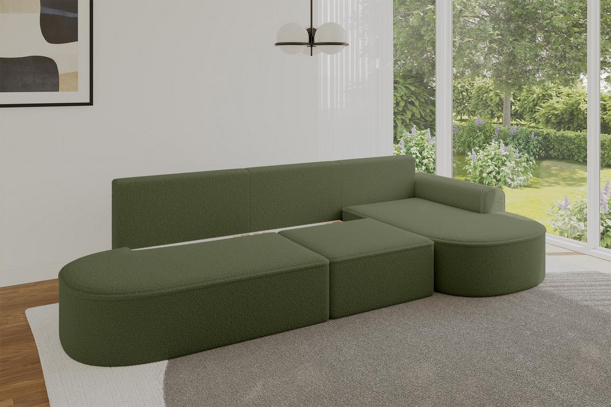 ECKSOFA mit Schlaffunktion Ottomane RECHTS MARI L2-S 368X167X85 Grün Bouclé - Schwarz/Grün, Holzwerkstoff/Kunststoff (167/368cm) - ALTDECOR