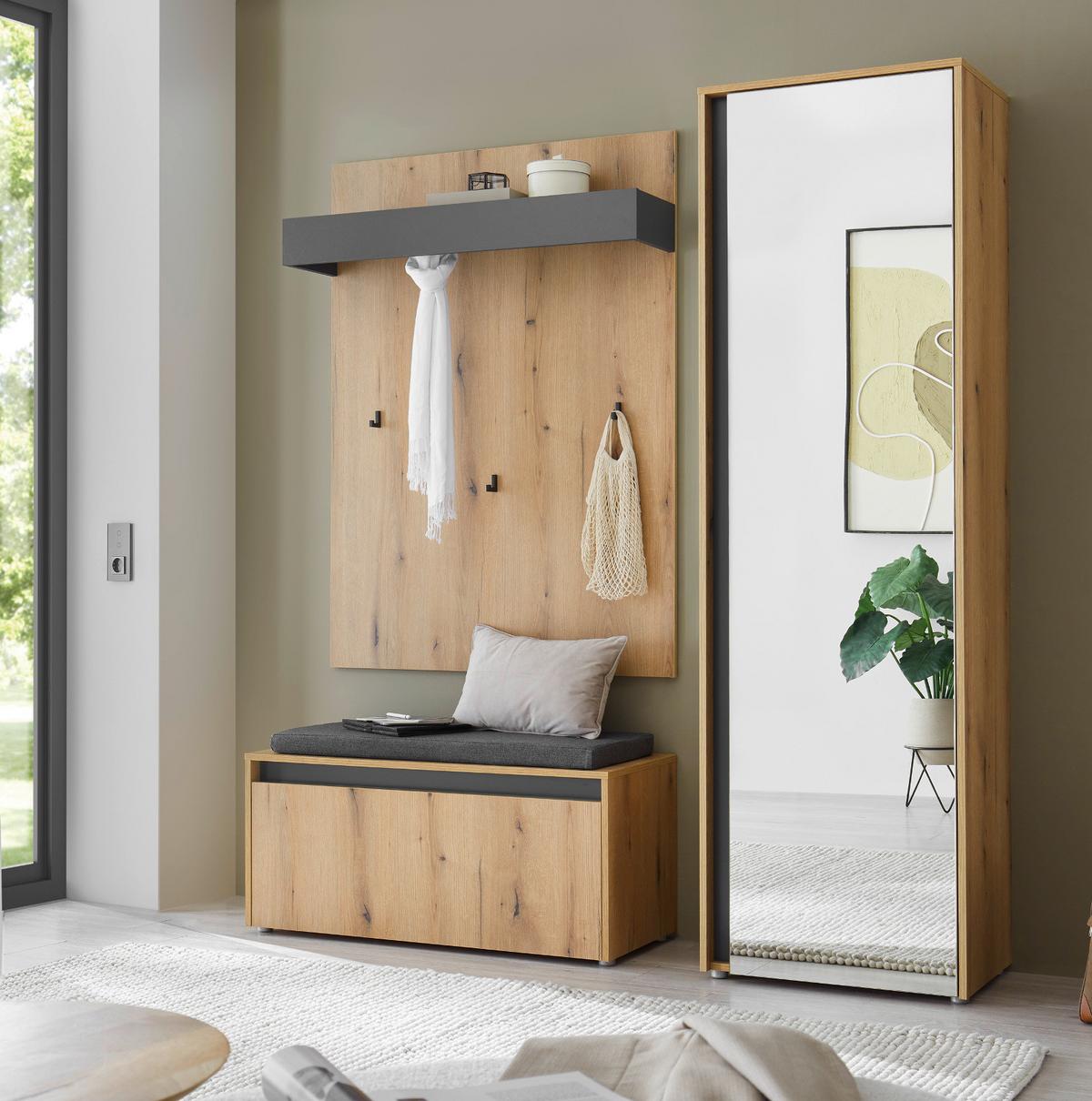 GARDEROBEN-SET Evoke Eiche, grau 100 cm 3-teilig, Flurgarderobe inkl. Sitzkissen - Eichefarben/Schwarz, Holzwerkstoff/Kunststoff (100/200/40cm) - Furn.Design