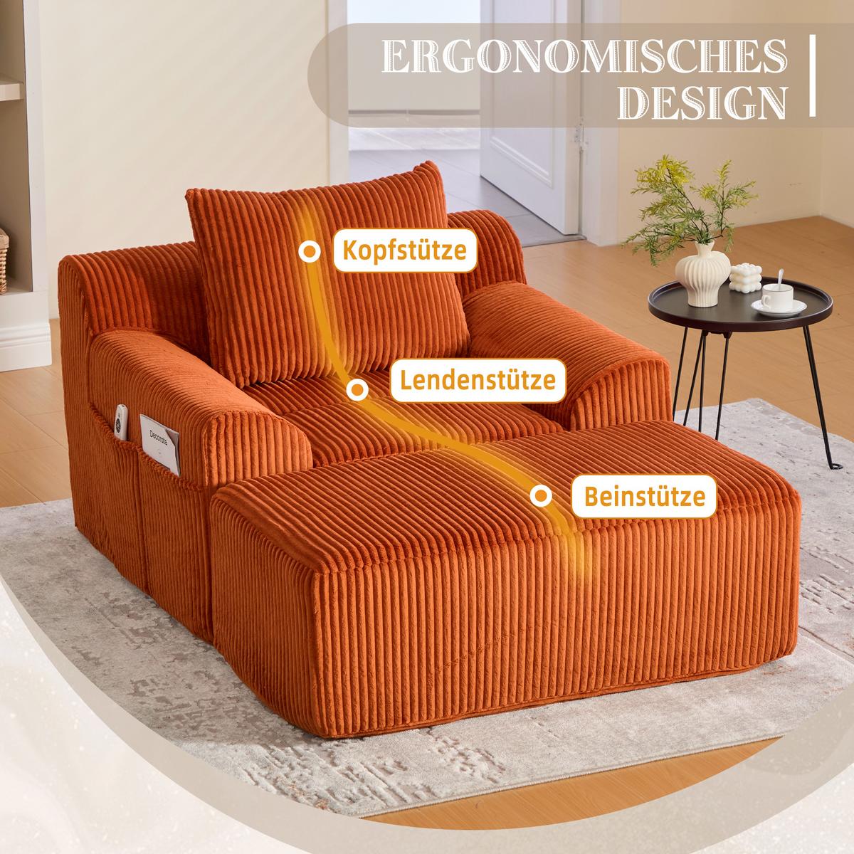 SESSEL mit Hocker in Cord Übergroßer Relaxsessel - Orange, Textil (110/67/147cm) - Urban Meuble