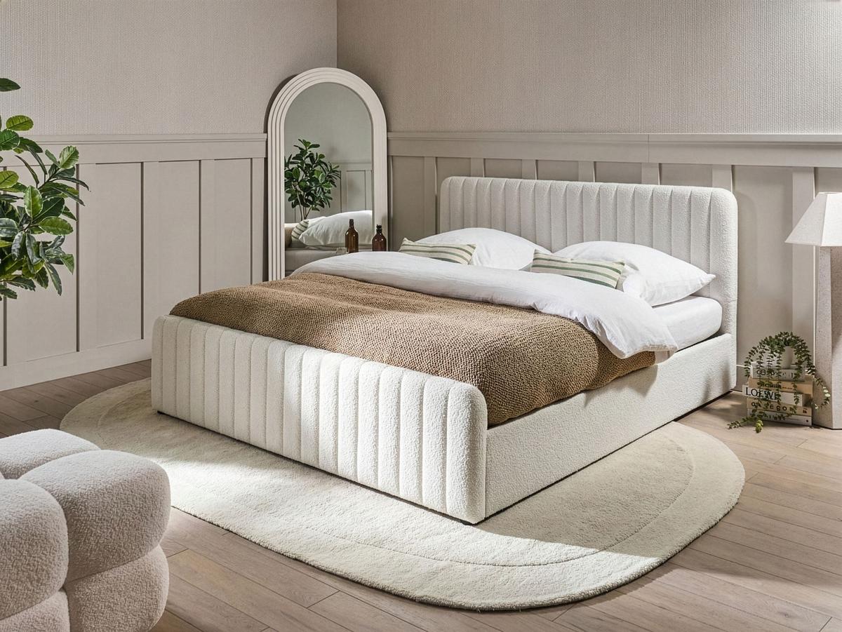 BETT mit Stauraum 180/200 Bouclé Weiß Lunan - Schwarz/Weiß, Textil (180/200cm) - Beliani