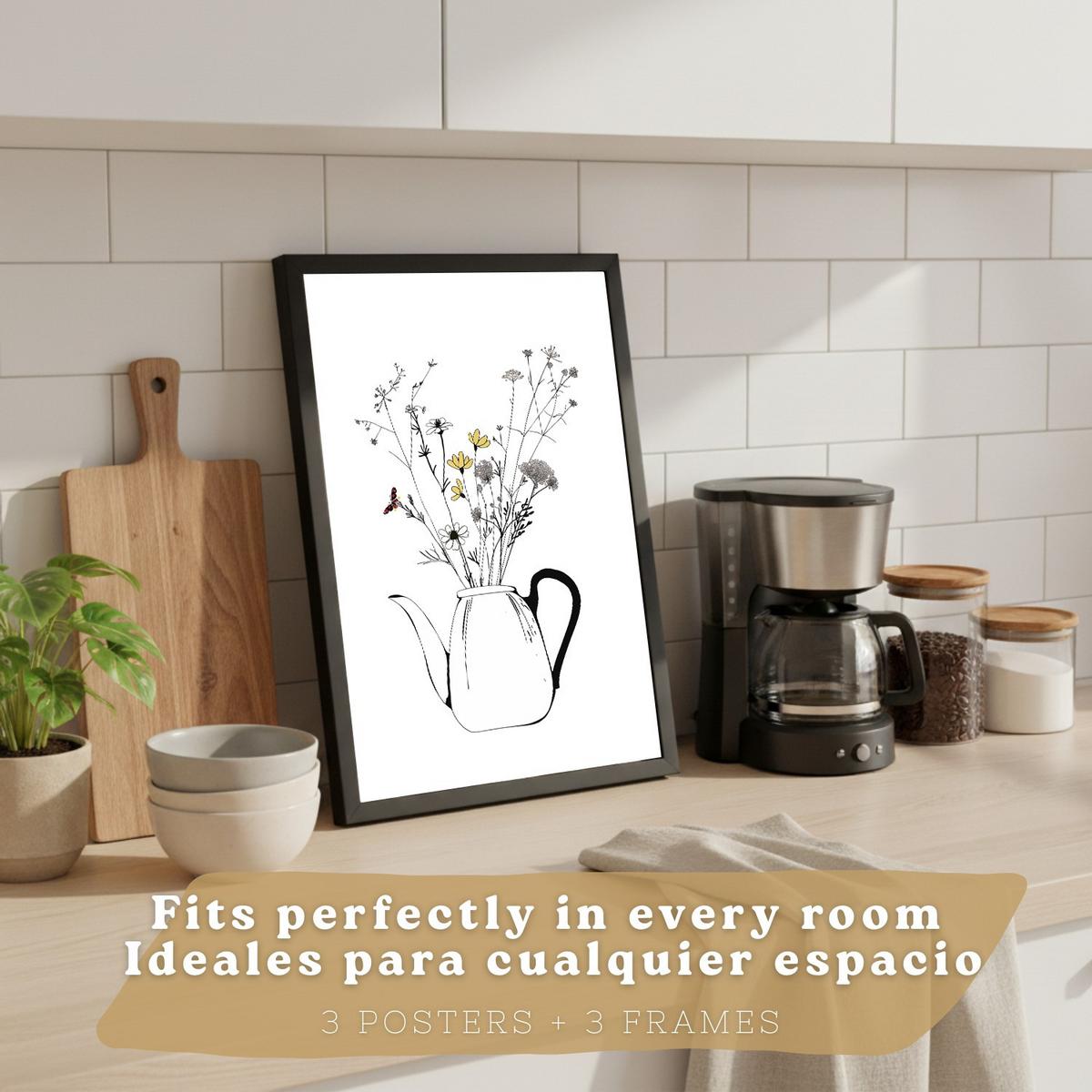 POSTER 3er Set Blumen in Kaffeekanne Wandbilder Mokkakanne Teekanne Tasse Strichzeichnung Küche Deko Schwarzer Rahmen A4 - Schwarz, Papier (29.7/1/21cm) - Nacnic