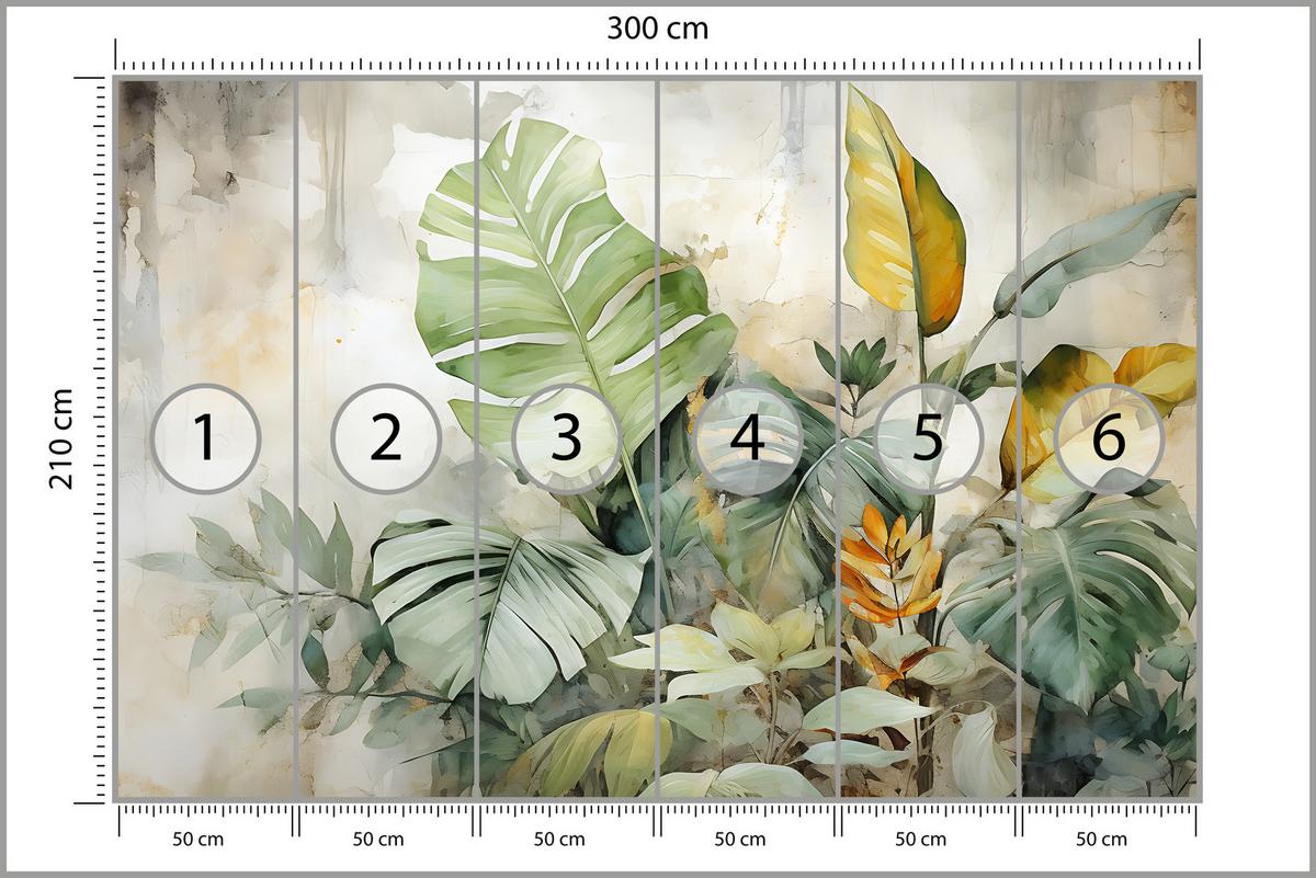 FOTOTAPETE für Wohnzimmer Tropische Blätter Aquarell Abstrakt 300x210 - Gelb/Beige, Papier (300/210cm) - Muralo