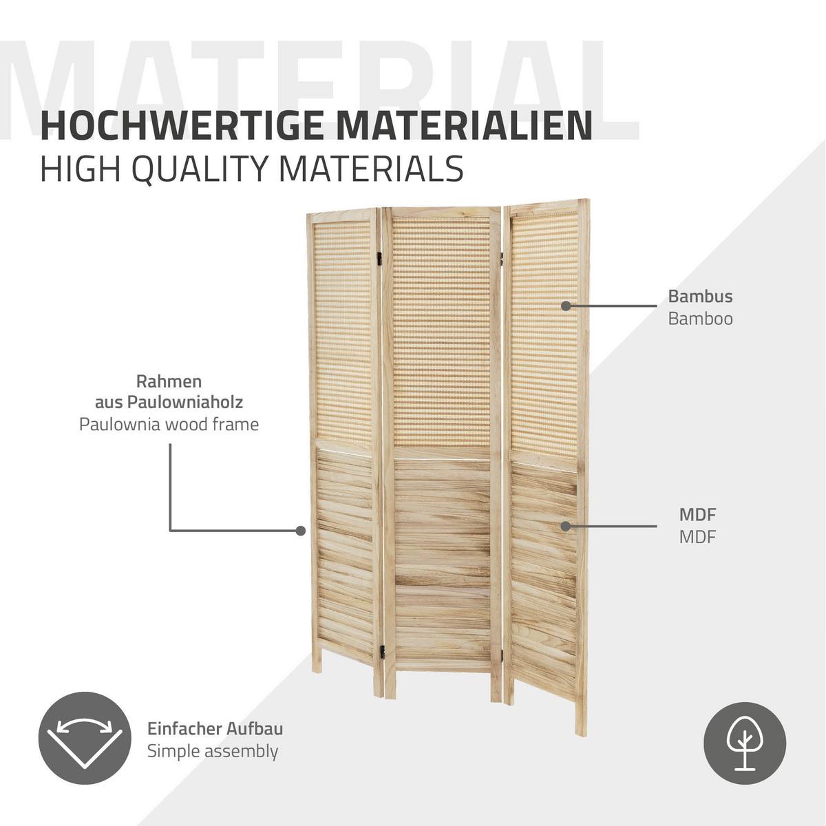 PARAVENT 3 teilig Osaka 170x121 cm Natur aus Holz - Braun, Holz (121/170/2cm) - ML-DESIGN