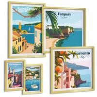 BILDER SET 5er Set - 50x50 cm & 20x30 cm & 40x60 cm Goldrahmen - Retro-Illustrationen von Weltstädten - Goldfarben, Kunststoff (40/60cm) - TULUP