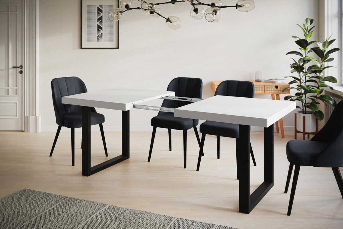 INDUSTRIELLER Esszimmertisch LOFT-U, ausziehbarer Tisch, Größe: 120-220X80X77 cm, Wohnzimmertisch Farbe: Schwarz, mit Metallbeinen in Farbe Schwarz - Schwarz/Weiß, Holzwerkstoff (120/80/77cm) - Alpi-Möbel