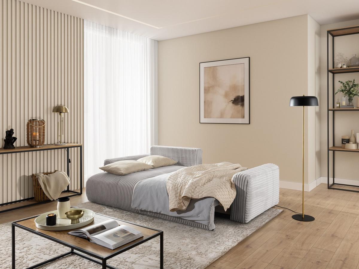 ECKSOFA Calma mit Schlaffunktion und Bettkasten im Bumpy-Design aus weichem Hellgrau Plüschcord - Ottomane links - Hellgrau/Schwarz, Holz/Kunststoff (239/140cm) - S-Style