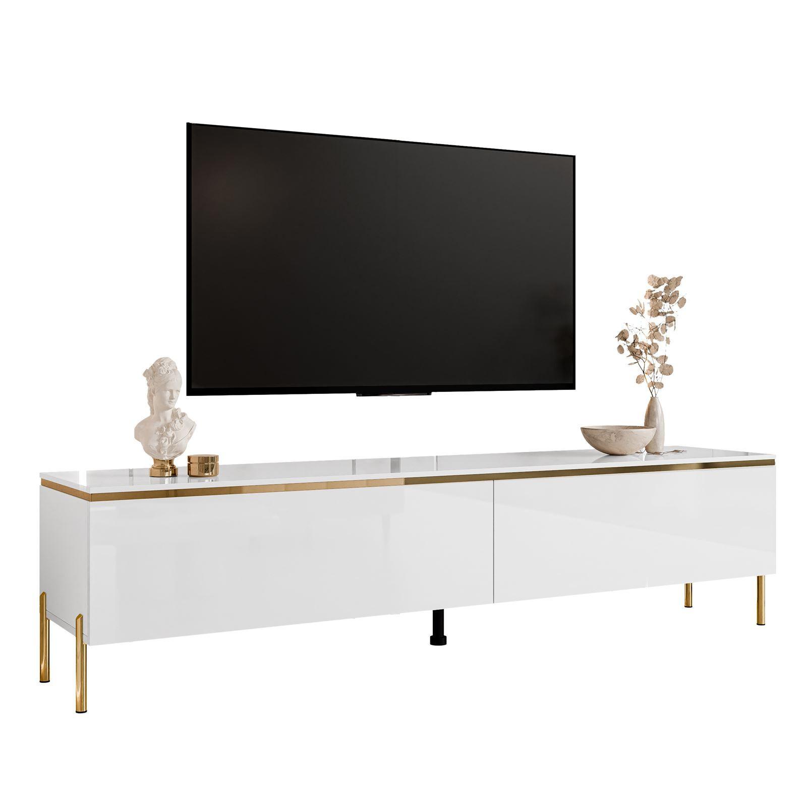 TV-LOWBOARD AURORA Weiß Hochglanz mit gerade Goldchrom Fuße und LED Beleuchtung - Weiß Hochglanz/Goldfarben, Holzwerkstoff/Metall (180/46/40cm) - Lookway