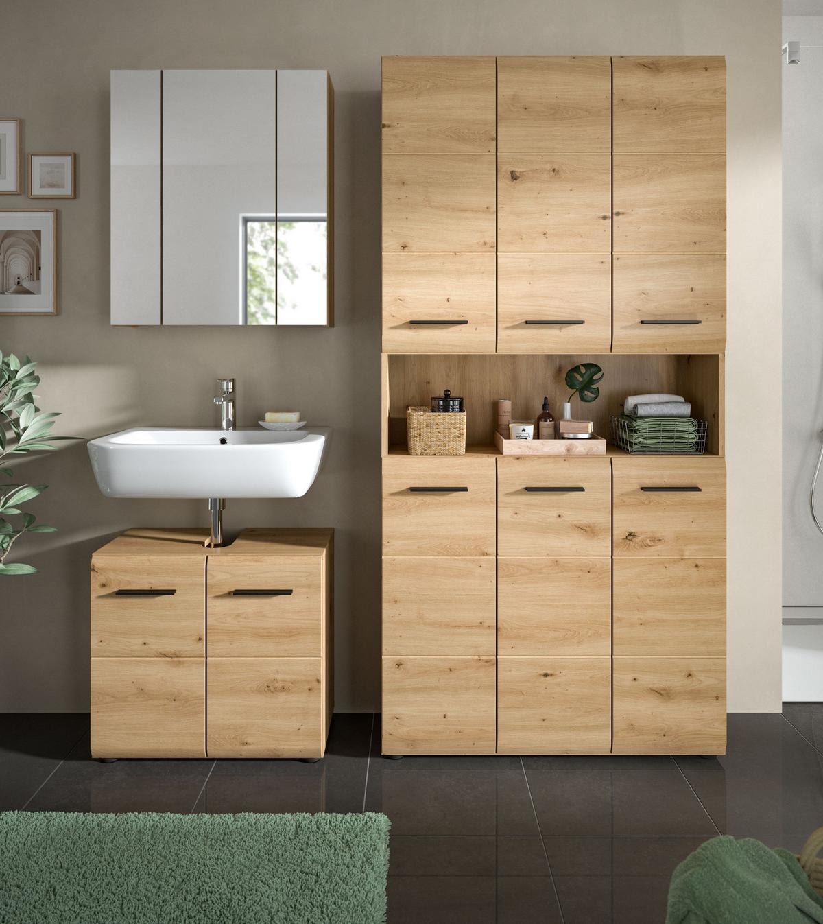 BADMÖBEL-SET in Artisan Eiche, Badezimmer 3-teilig 165 cm mit 6-türigem Hochschrank - Eichefarben/Schwarz, Glas/Holzwerkstoff (165/185/30cm) - Inn.Furn